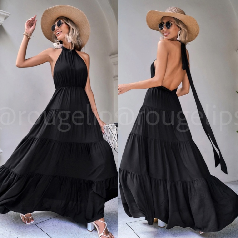 Black Maxi Dress Halter Neck Ties Backless Open Back Flared Long Ruffle Hem